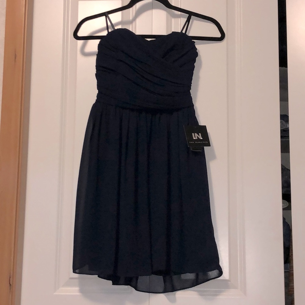 Solid Navy Blue, Sheer Strapless Dress.
